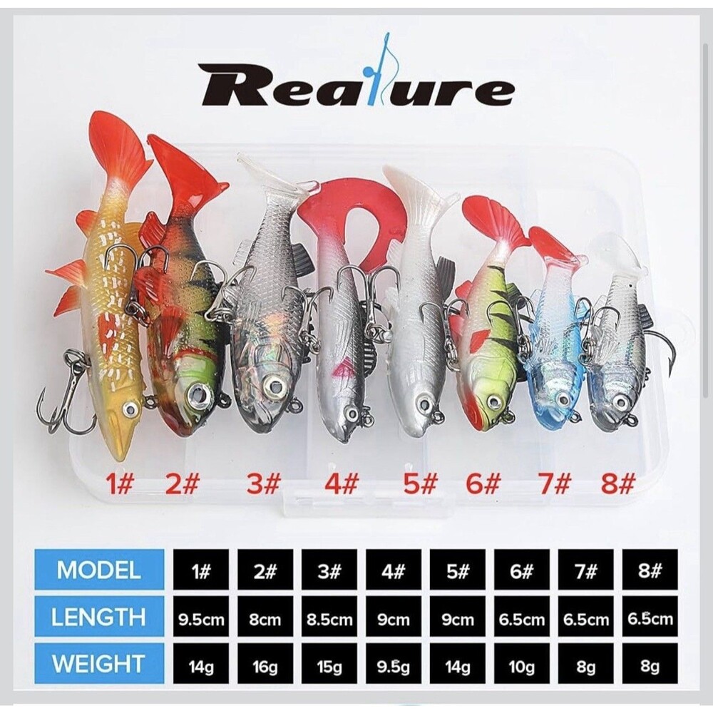 Realure 8‑Piece Pre‑Rigged Jig Head Soft Plastic Swim Baits 8g-16g Trout Bass